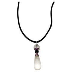 Andreoli Sapphire Diamond Crystal Onyx Silk Cord 18 Karat Gold Pendant Necklace
