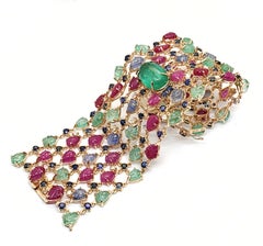 Andreoli Sapphire Emerald Ruby Leaves Colombian Cabochon Diamond 18K Bracelet