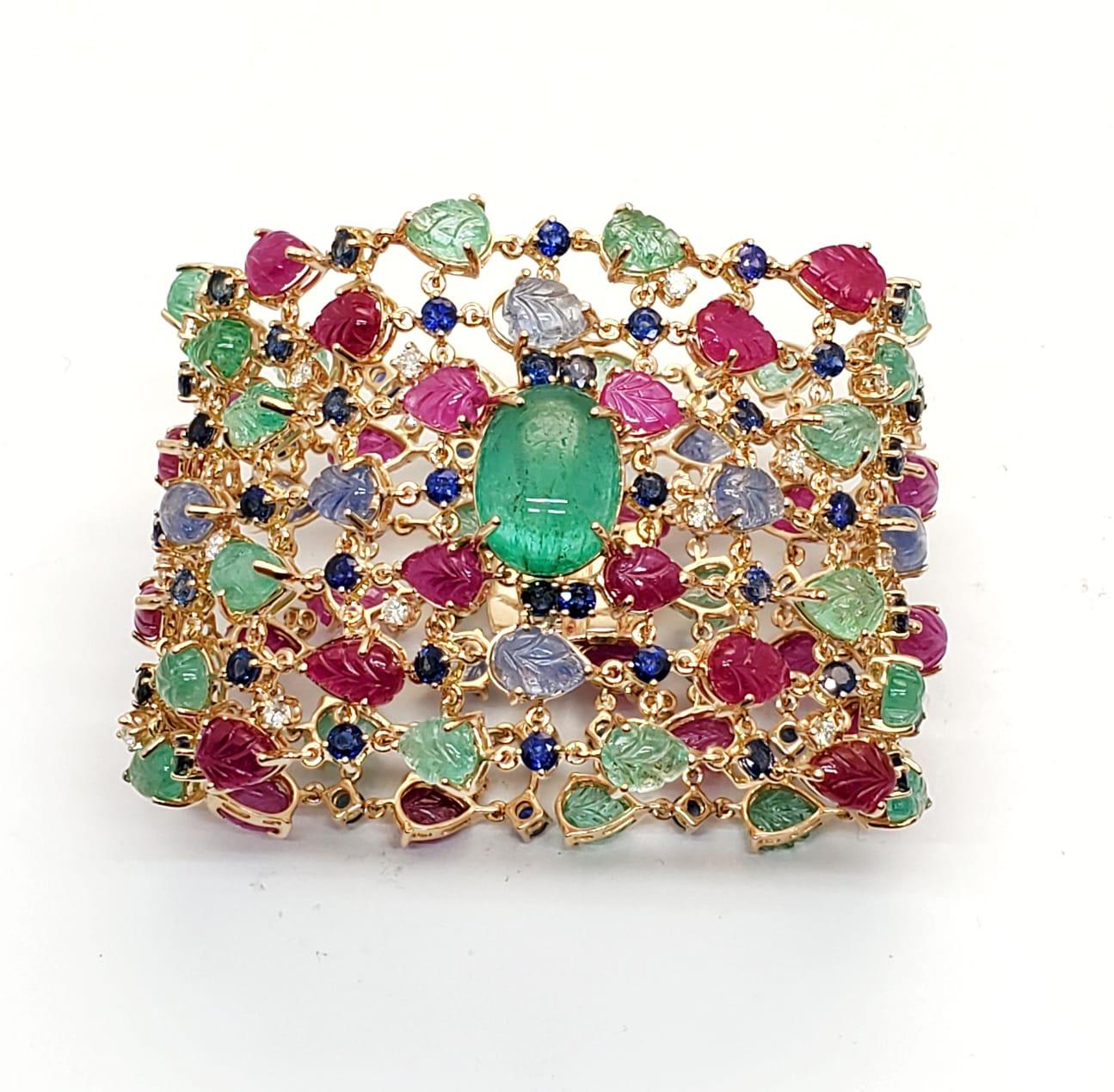 Contemporary Andreoli Sapphire Emerald Ruby Leaves Colombian Cabochon Diamond 18K Bracelet For Sale