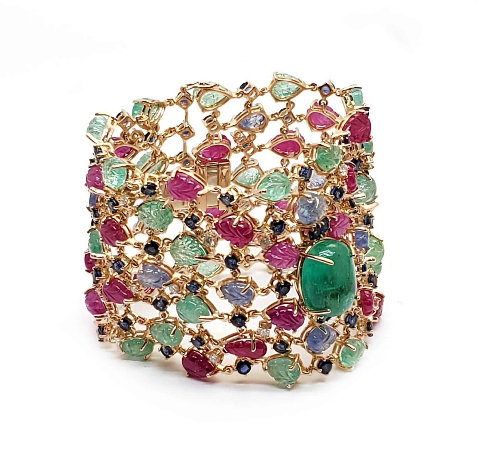 Andreoli Sapphire Emerald Ruby Leaves Colombian Cabochon Diamond 18K Bracelet In New Condition For Sale In New York, NY