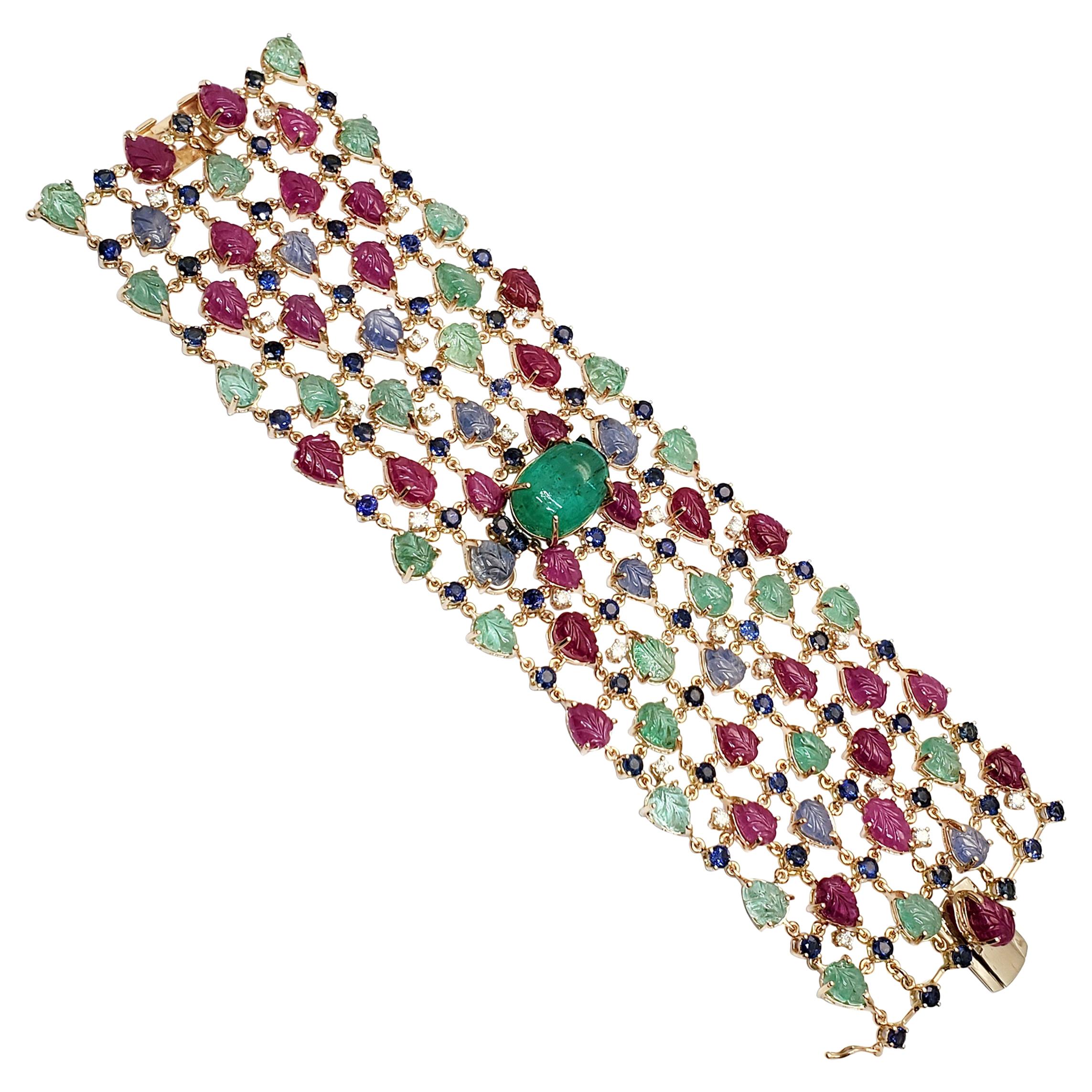 Andreoli Sapphire Emerald Ruby Leaves Colombian Cabochon Diamond 18K Bracelet For Sale