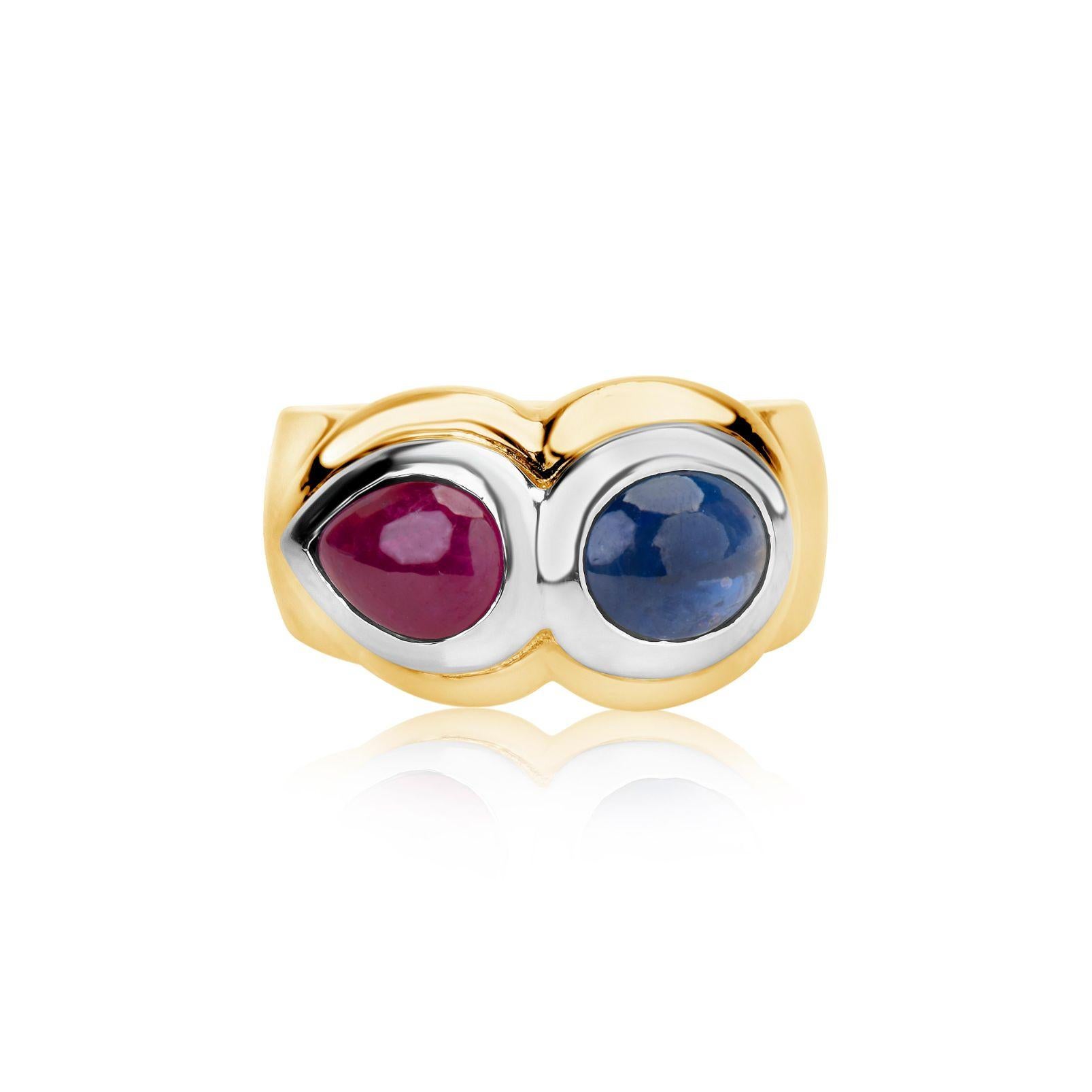 Andreoli Sapphire Ruby 18 Karat Two-Tone Gold Ring

This ring features:
- 2.08 Carat Blue Sapphire
- 1.70 Carat Ruby
- 9.85 Gram 18K Two-Tone Gold
- Made In Italy