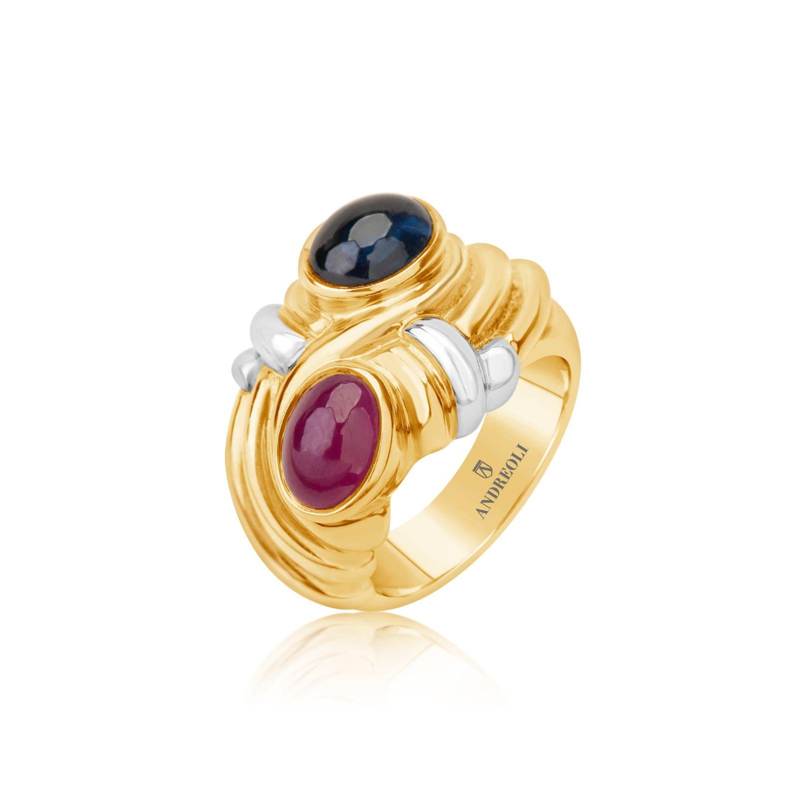 Contemporary Andreoli Sapphire Ruby 18 Karat Two-Tone Gold Ring For Sale