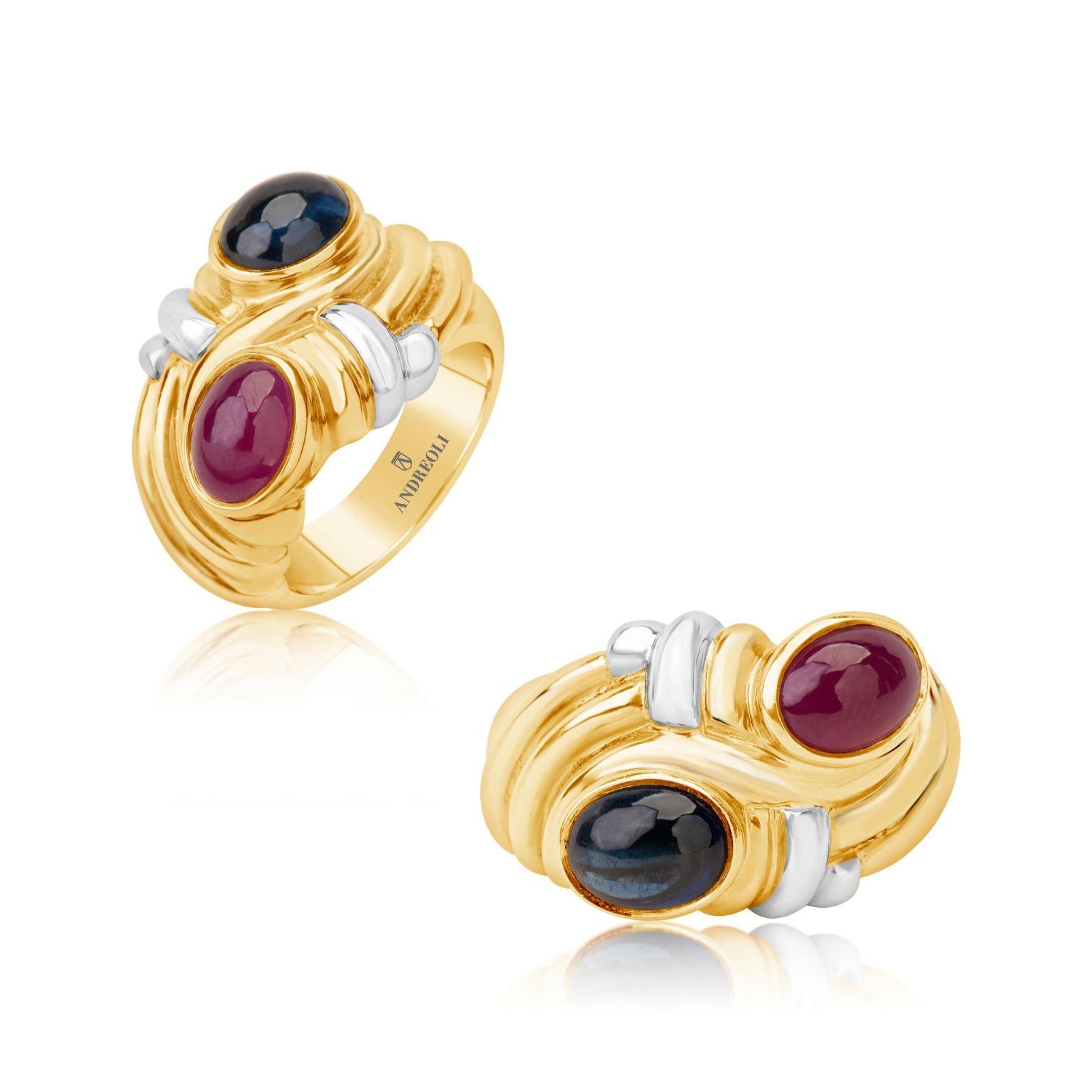 Cabochon Andreoli Sapphire Ruby 18 Karat Two-Tone Gold Ring For Sale