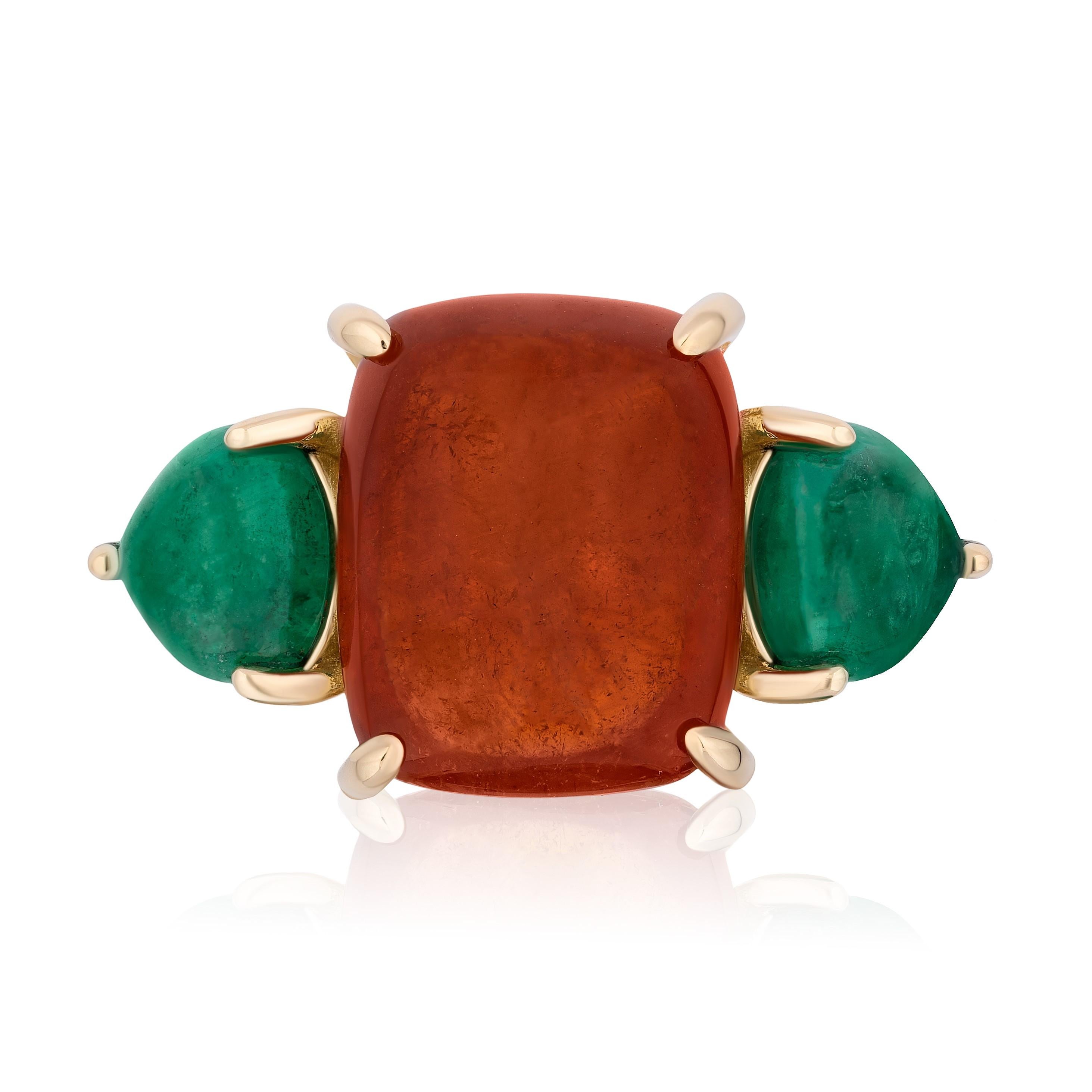 Andreoli Spessartite Emerald 18 Karat Yellow Gold Ring

This ring features:
- 17.22 Carat Spessartite
- 3.30 Carat Emerald Cabochon
- 9.28 Gram 18K Yellow Gold
- Made In Italy