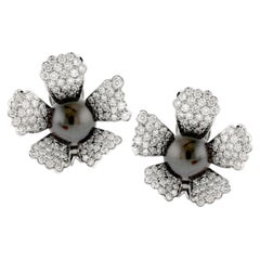 Andreoli Tahitian Pearl and Diamond Flower Clip Earrings