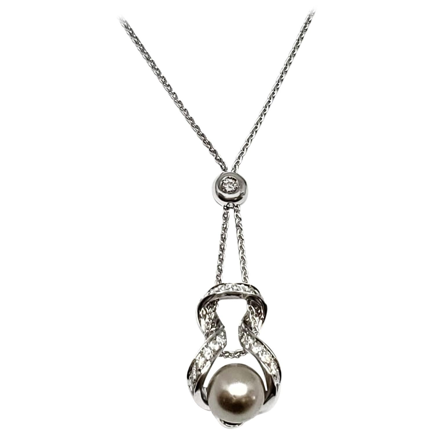 Andreoli Tahitian Pearl Diamond Pendant 18 Karat White Gold Chain Necklace