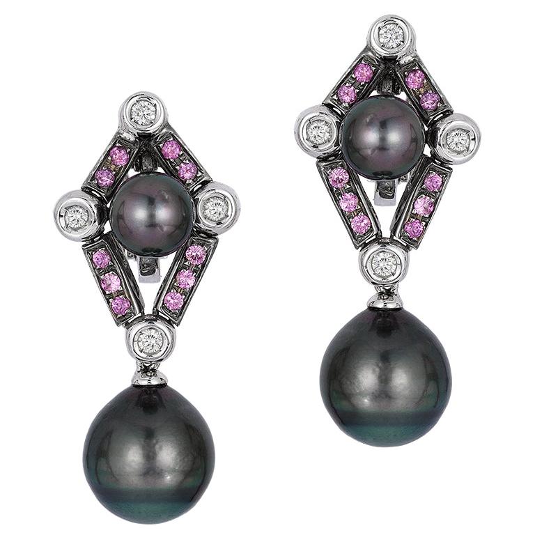 Andreoli Tahitian Pearl Diamond Pink Sapphire Drop Clip Dangling Earrings For Sale