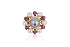 Andreoli Tahitian Pearl Diamond Pink Sapphire Flower Movable Petal Ring Cocktail