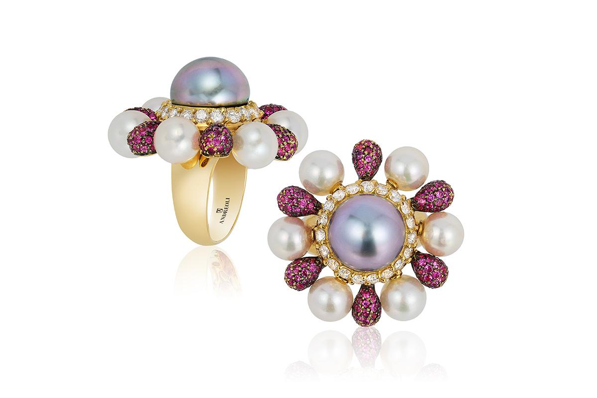 Contemporary Andreoli Tahitian Pearl Diamond Pink Sapphire Flower Movable Petal Ring Cocktail For Sale