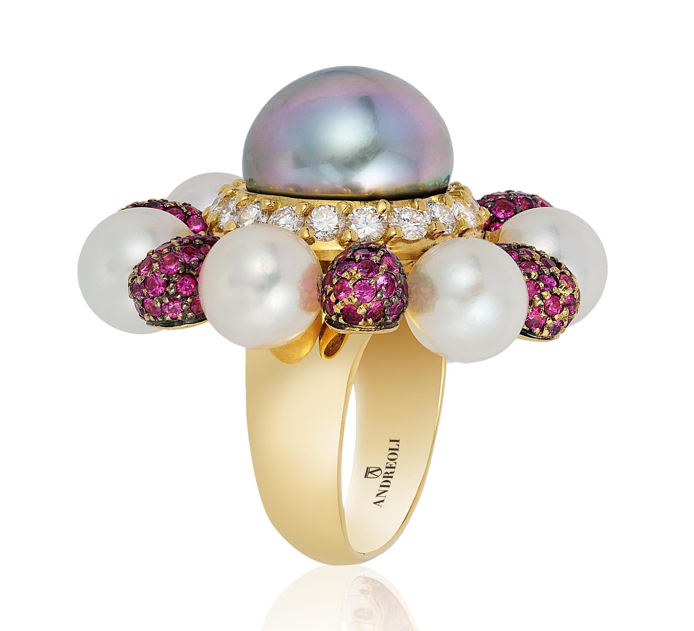 Mixed Cut Andreoli Tahitian Pearl Diamond Pink Sapphire Flower Movable Petal Ring Cocktail For Sale