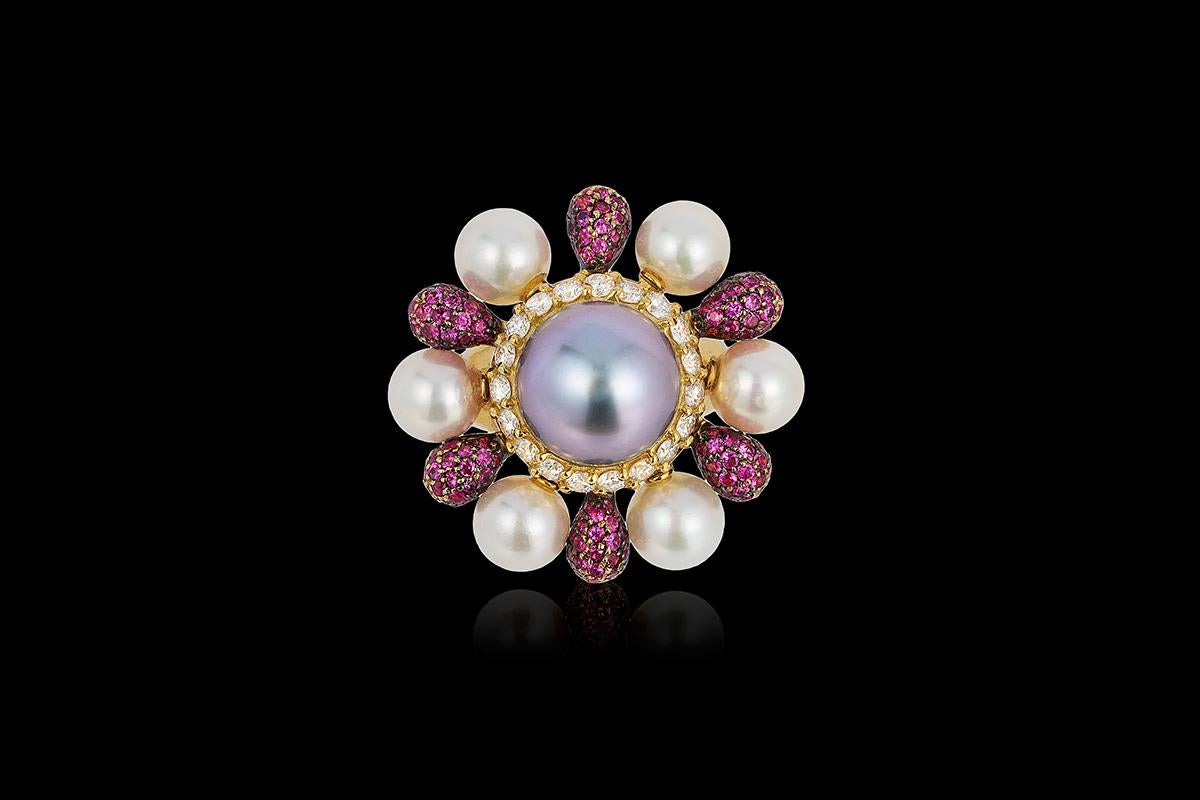 Mixed Cut Andreoli Tahitian Pearl Diamond Pink Sapphire Flower Movable Petal Ring Cocktail For Sale