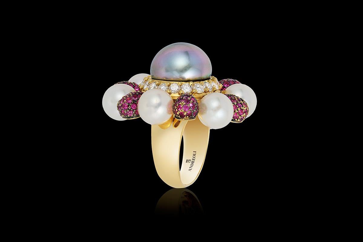Women's or Men's Andreoli Tahitian Pearl Diamond Pink Sapphire Flower Movable Petal Ring Cocktail For Sale