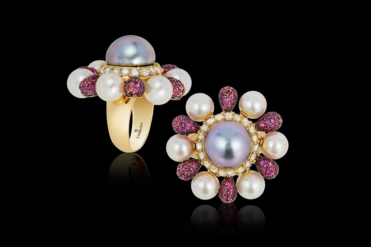 Andreoli Tahitian Pearl Diamond Pink Sapphire Flower Movable Petal Ring Cocktail For Sale 1