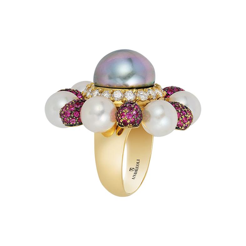 Andreoli Tahitian Pearl Diamond Pink Sapphire Flower Movable Petal Ring Cocktail