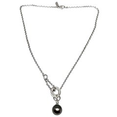 Andreoli Tahitian Pearl Drop Diamond Pendant 18 Karat White Gold Chain Necklace