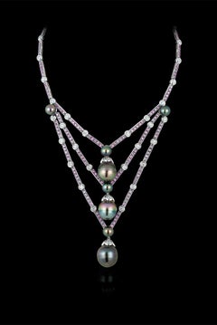 Andreoli Tahitian Pearl Drops Pink Sapphire Diamond Necklace Pearls 18Kt Gold