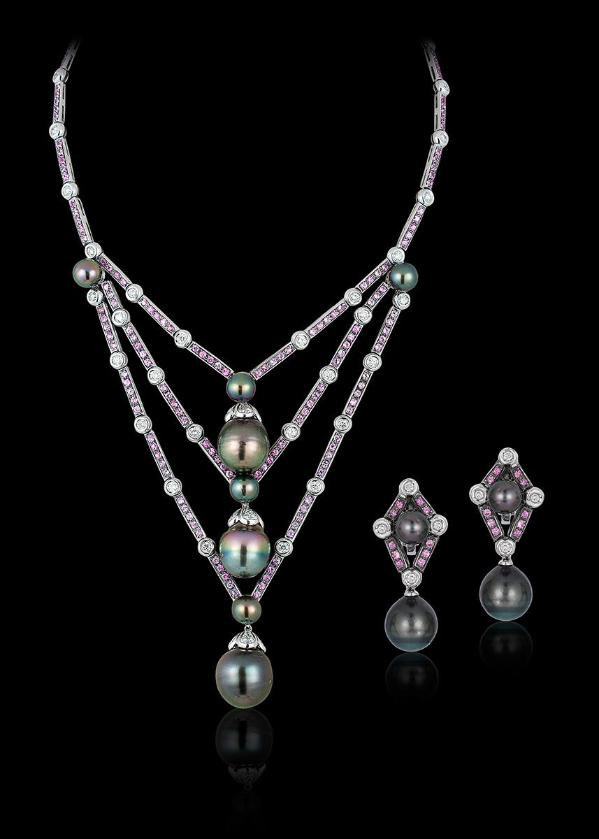 Mixed Cut Andreoli Tahitian Pearl Drops Pink Sapphire Diamond Necklace Pearls 18Kt Gold For Sale