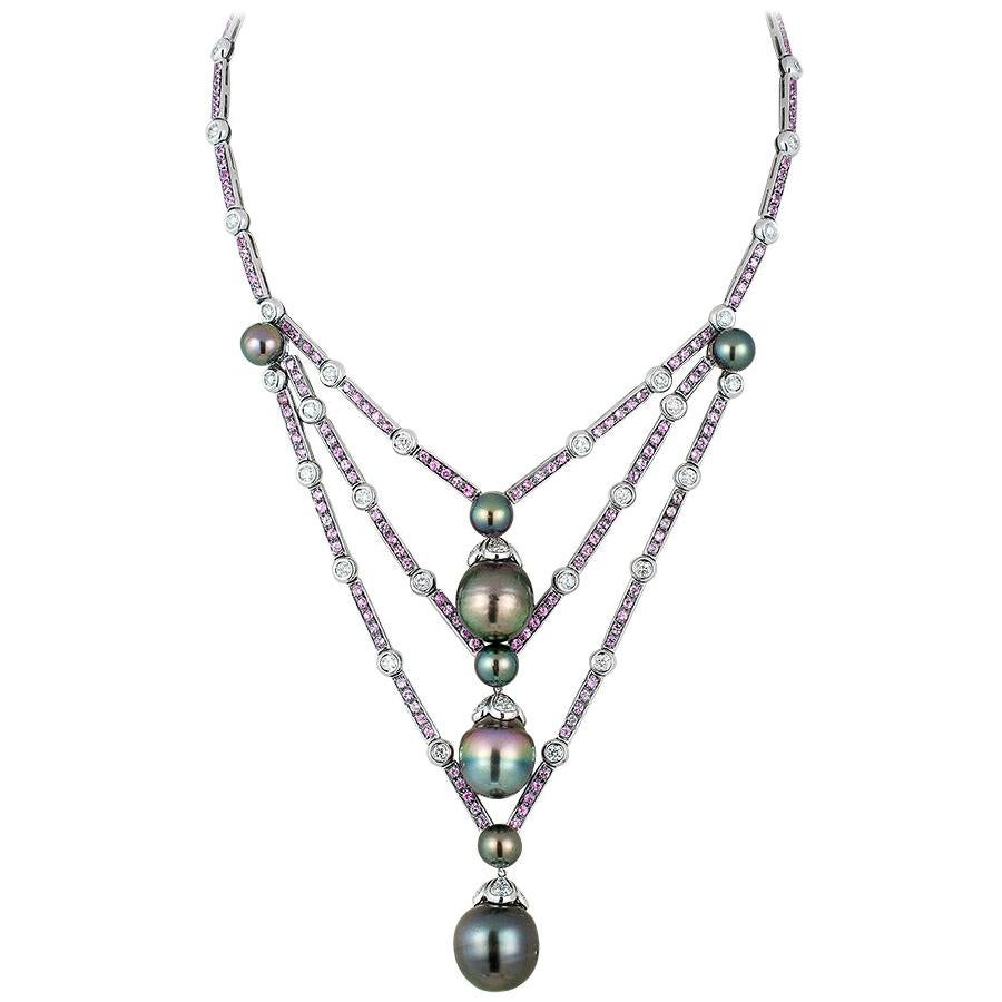 Andreoli Tahitian Pearl Drops Pink Sapphire Diamond Necklace Pearls 18Kt Gold