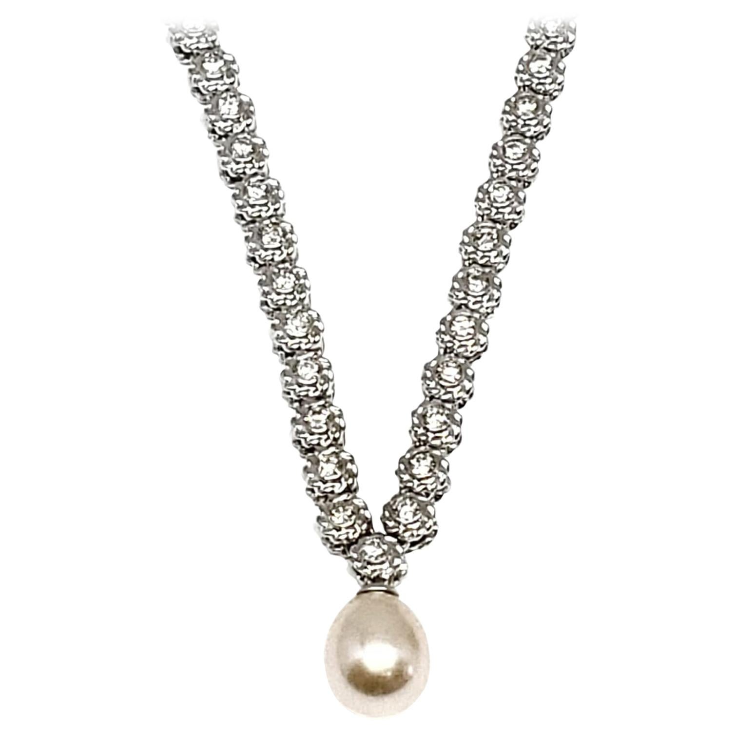 Andreoli Tennis Diamond Freshwater Golden Pearl Pendant 18 Karat White Gold For Sale
