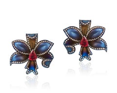 Andreoli Titanium Ruby Diamond Flower Earrings Clip-On Ear