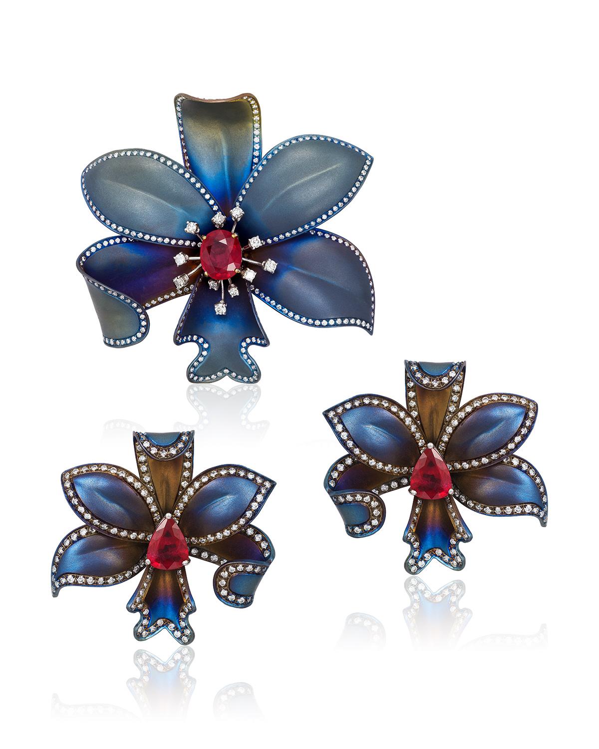 Pear Cut Andreoli Titanium Ruby Diamond Flower Earrings Clip-On Ear For Sale
