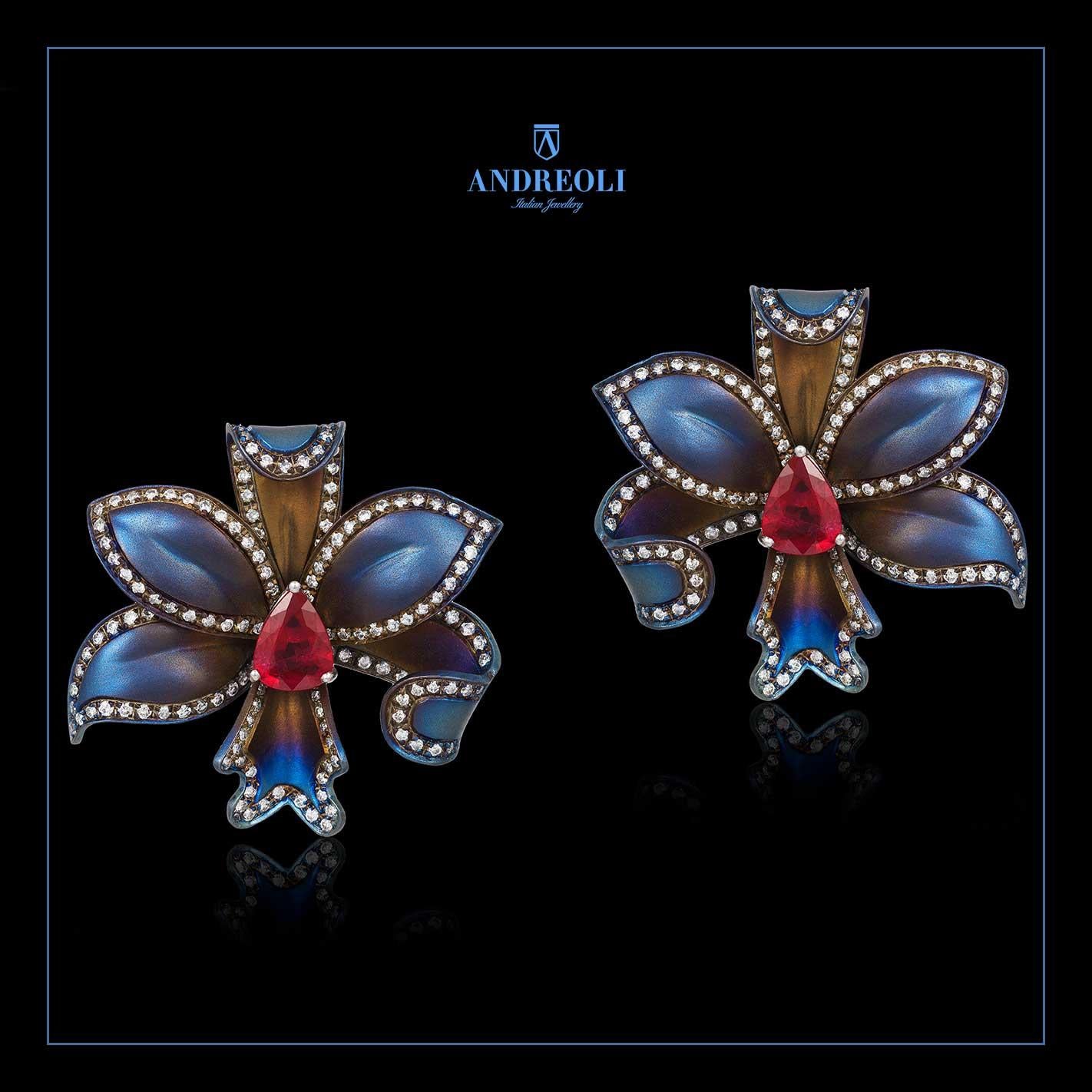 Andreoli Titanium Ruby Diamond Flower Earrings Clip-On Ear In New Condition For Sale In New York, NY