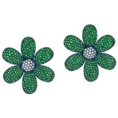 Andreoli Titanium Tsavorite Garnet Diamond Flower Green Earrings Clip-On Ear