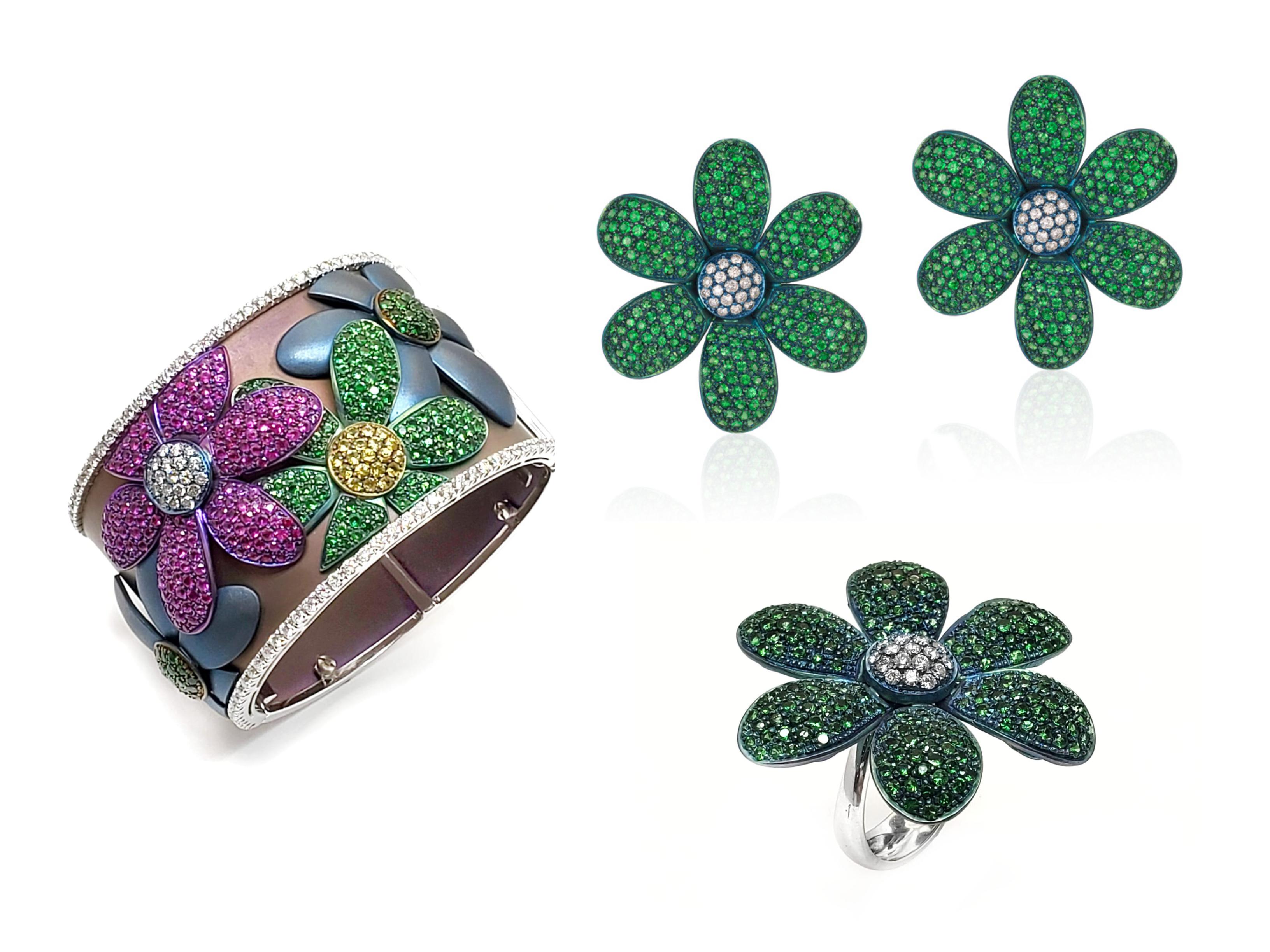 Andreoli Titan Tsavorit Grüner Granat Diamant Blume Cocktail-Ring 18 Karat für Damen oder Herren im Angebot