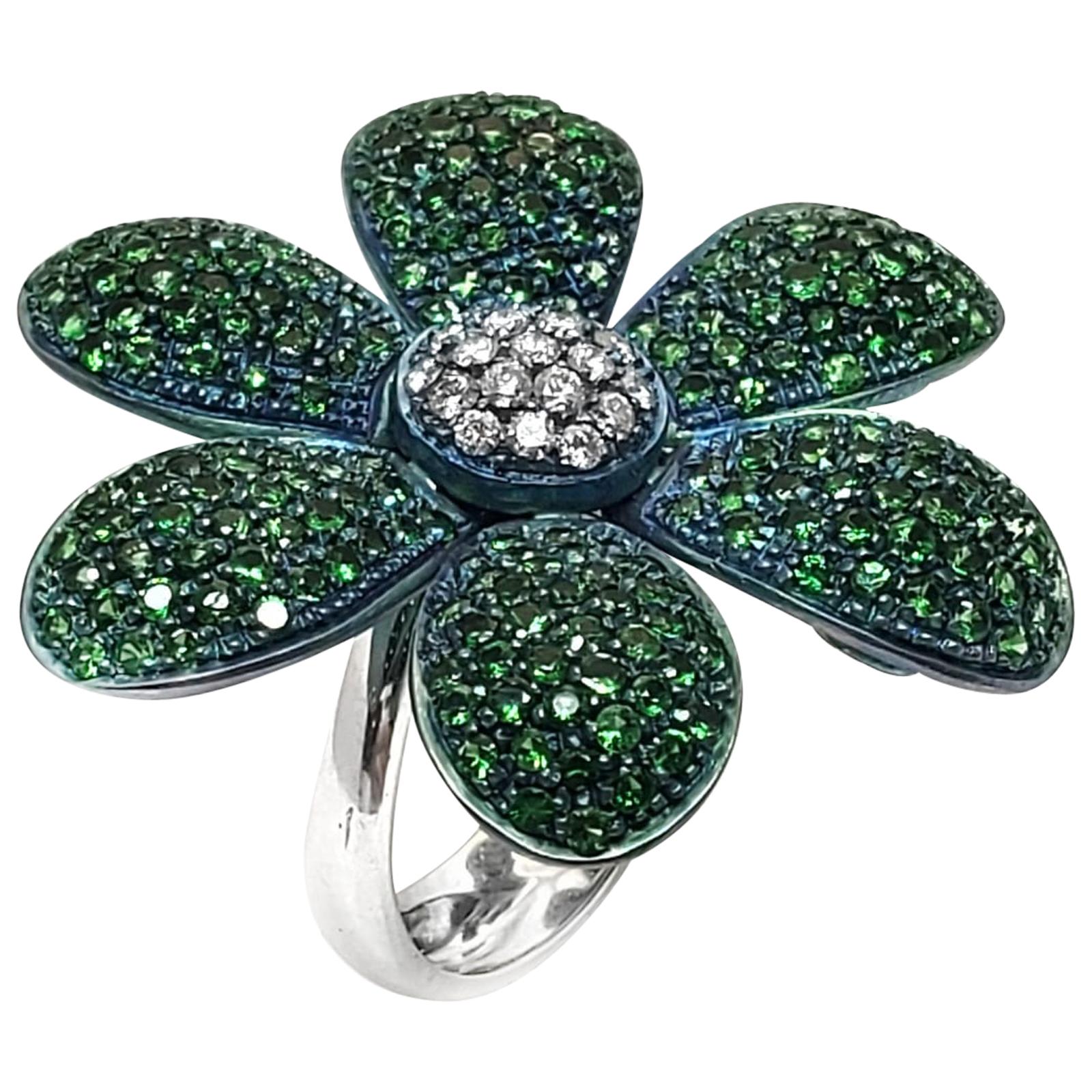 Andreoli Titanium Tsavorite Green Garnet Diamond Flower Cocktail Ring 18 Karat For Sale