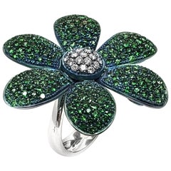 Used Andreoli Titanium Tsavorite Green Garnet Diamond Flower Cocktail Ring 18 Karat