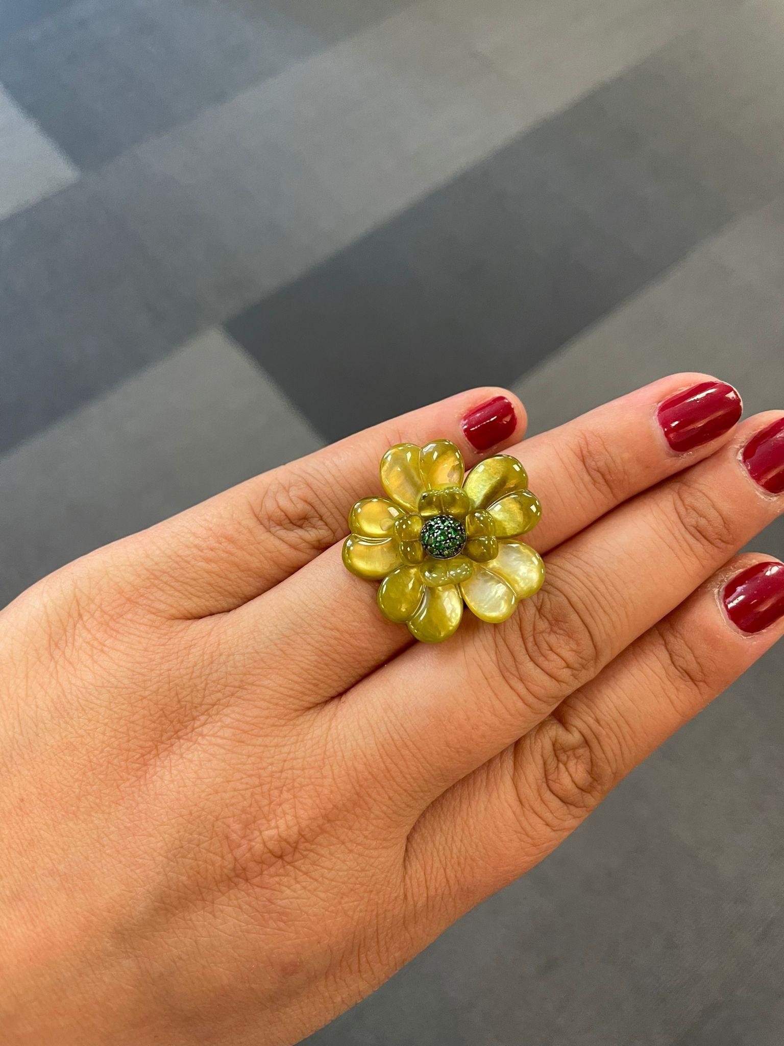 Andreoli Tsavorite Garnet Green Dyed Mother of Pearl Flower Cocktail Ring In New Condition For Sale In New York, NY