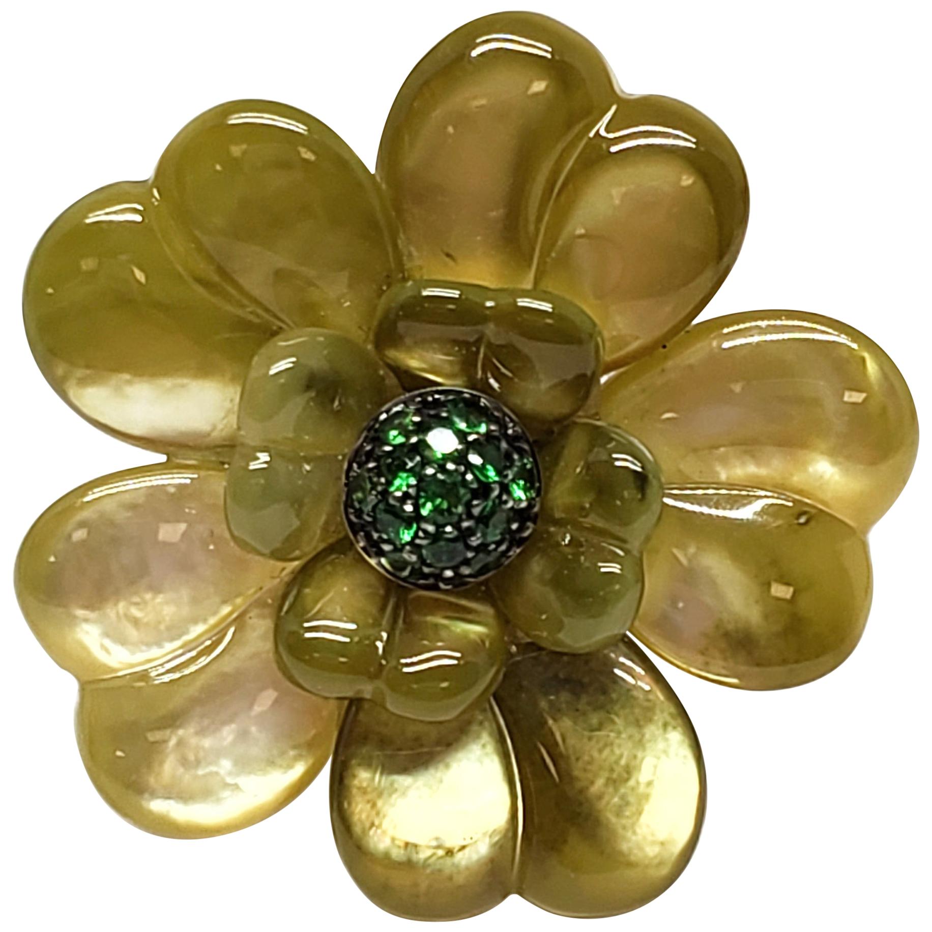 Andreoli Tsavorite Garnet Green Dyed Mother of Pearl Flower Cocktail Ring For Sale