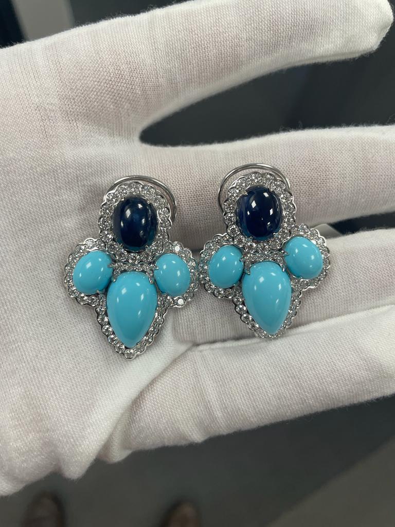 Contemporary Andreoli Turquoise 2.80 Carat Diamond Sapphire 18 Karat White Gold Earrings For Sale
