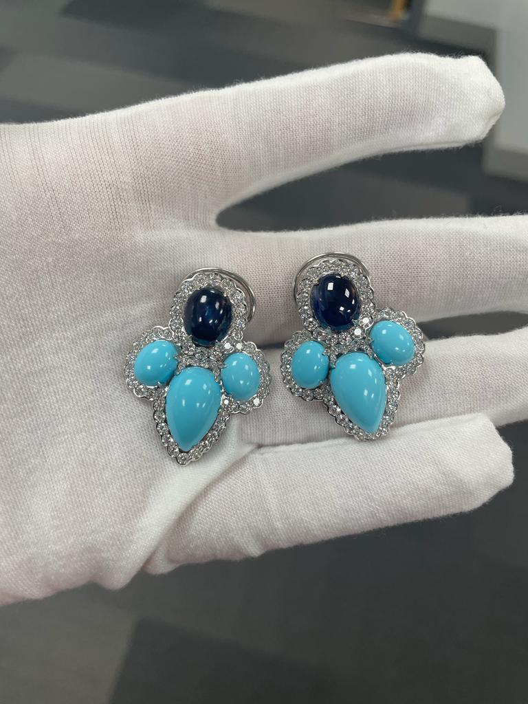 Cabochon Andreoli Turquoise 2.80 Carat Diamond Sapphire 18 Karat White Gold Earrings For Sale