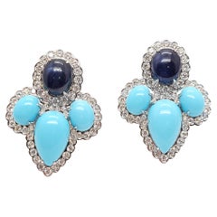 Andreoli Turquoise 2.80 Carat Diamond Sapphire 18 Karat White Gold Earrings