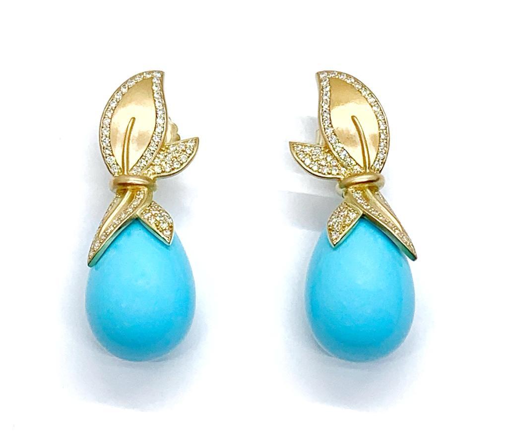 Contemporary Andreoli Turquoise Diamond 18 Karat Yellow Gold Earrings For Sale