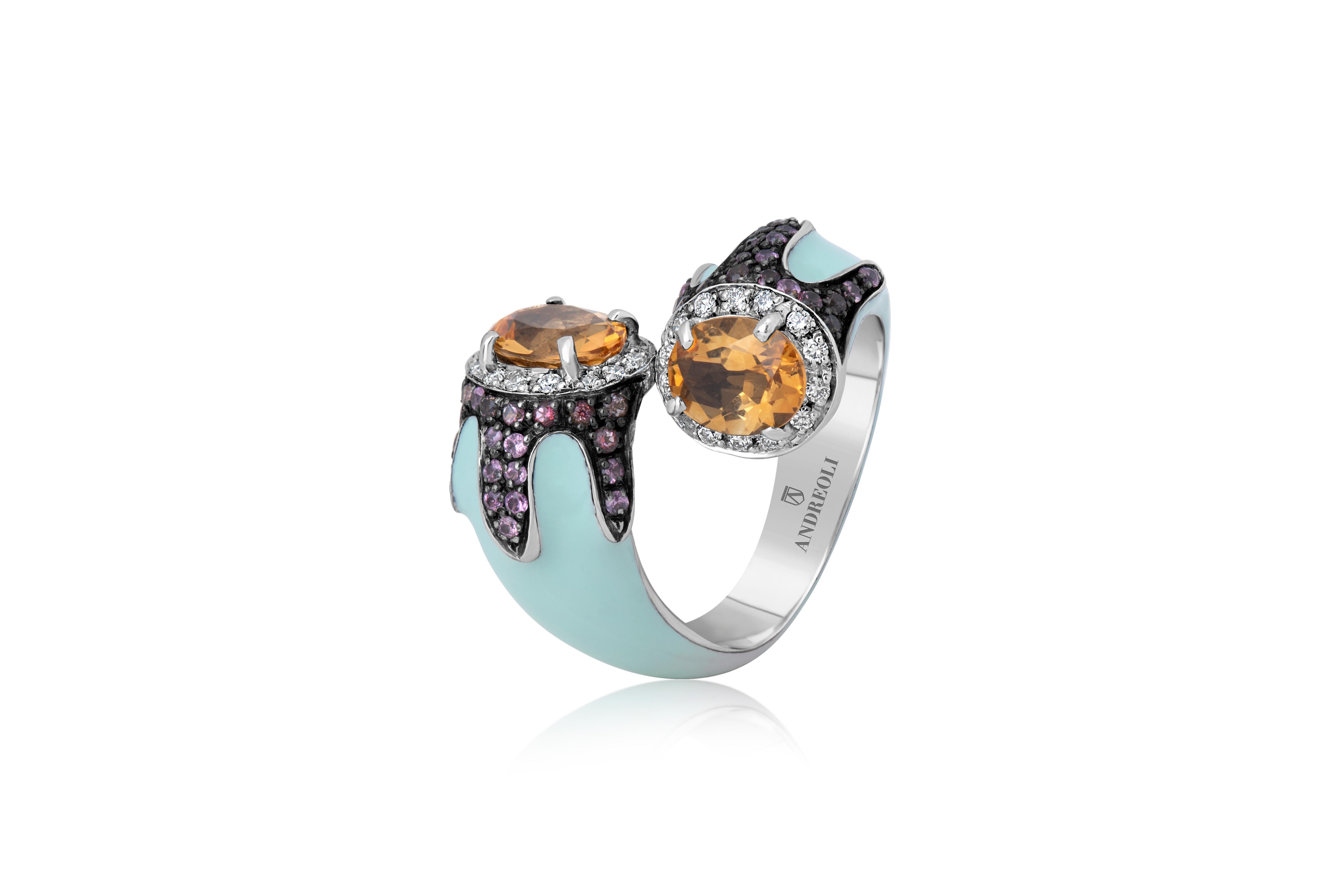 Contemporary Andreoli Turquoise Enamel Citrine Pink Topaz Diamond Cocktail Ring 18kt Silver For Sale