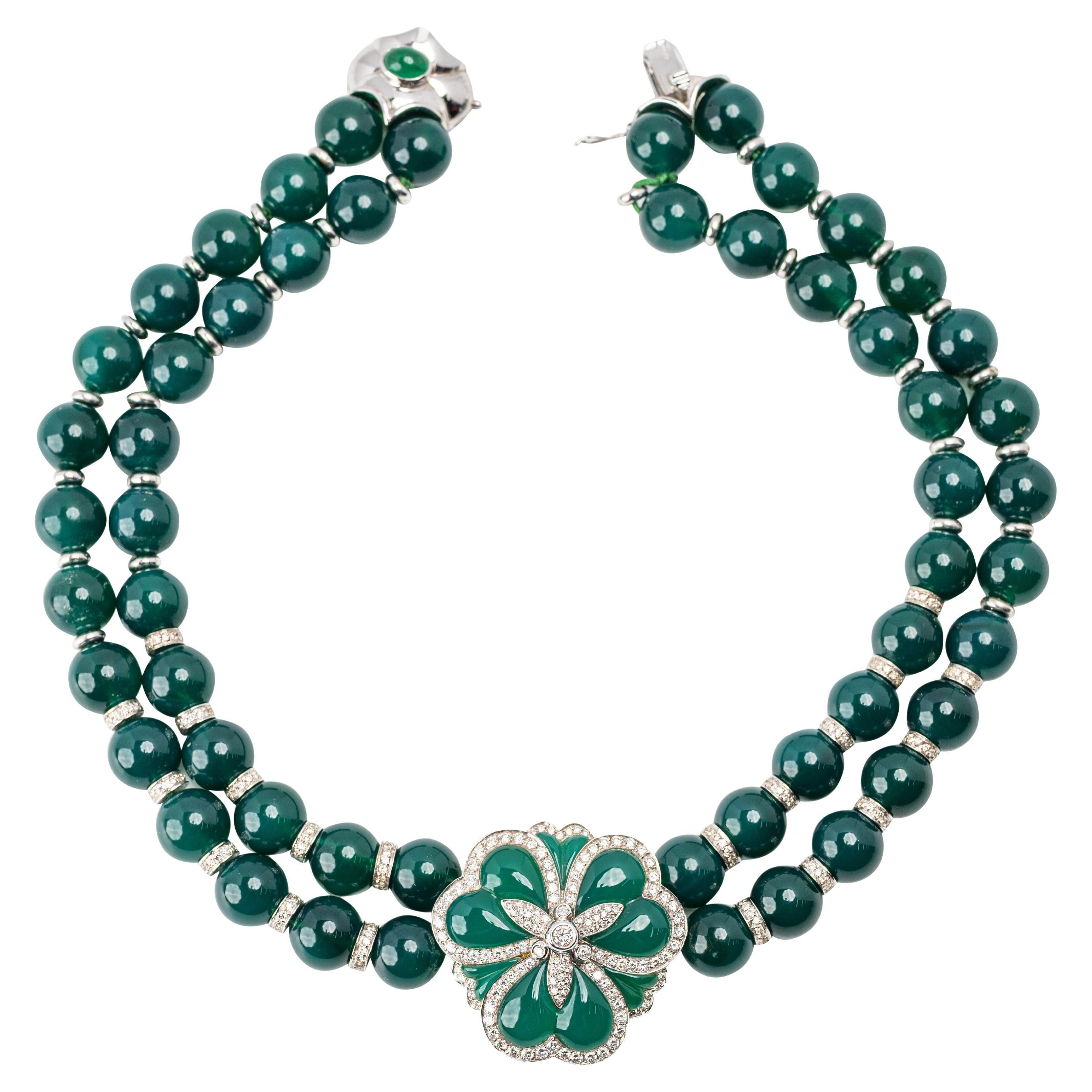 Andreoli Two-Strand Emerald Bead Necklace with Diamond-Set Floral Clasp