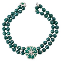 Andreoli Two-Strand Emerald Bead Necklace with Diamond-Set Floral Clasp