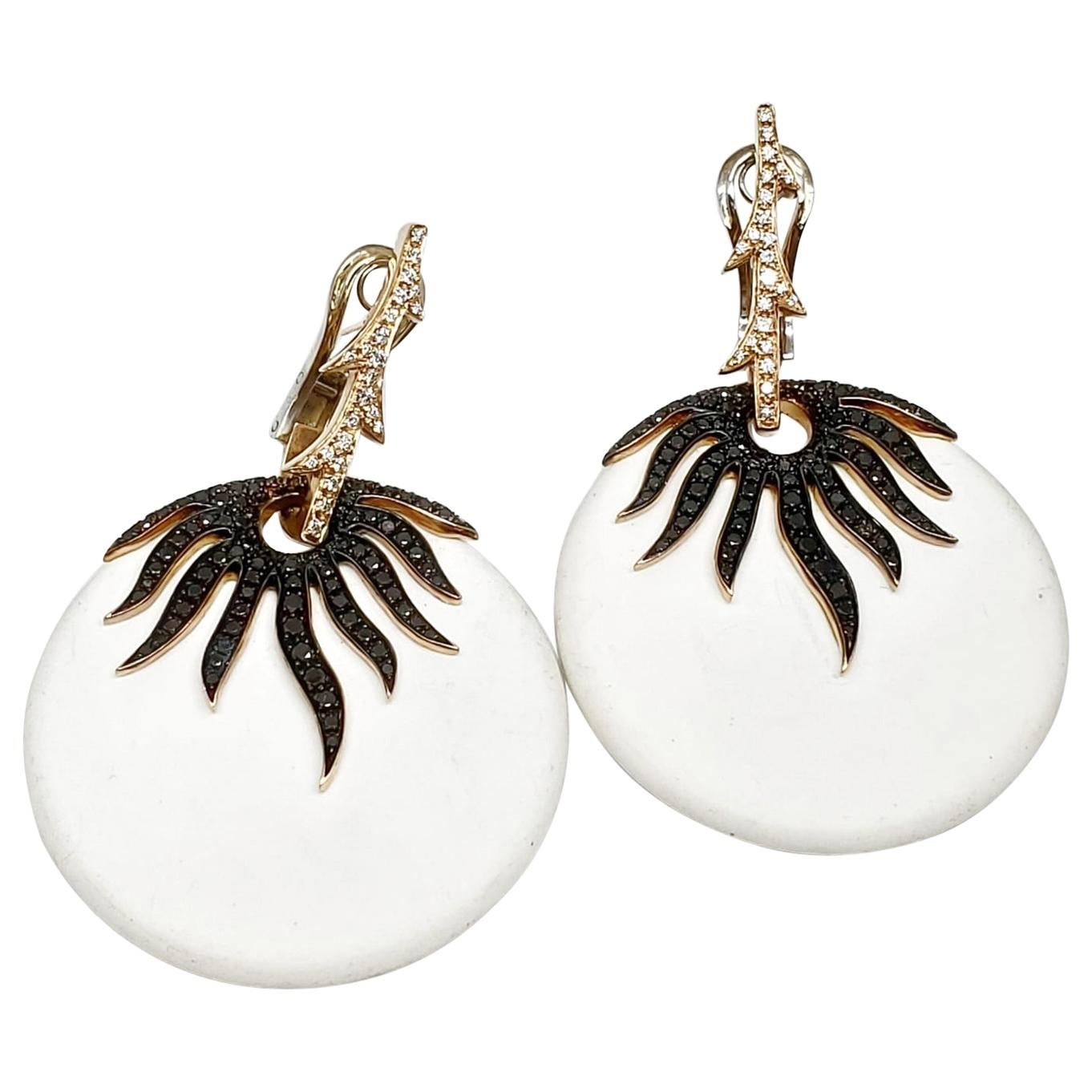 Andreoli White Agate Black and White Diamond Earrings 18 Karat Rose Gold