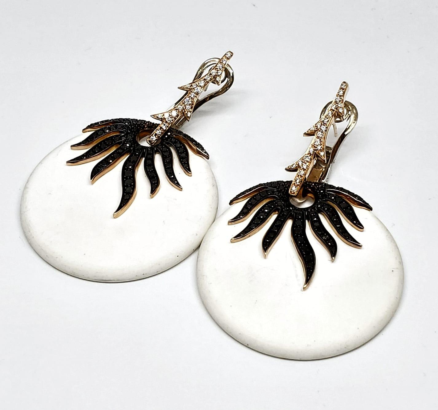 Contemporary Andreoli White Agate Black and White Diamond Earrings 18 Karat Rose Gold
