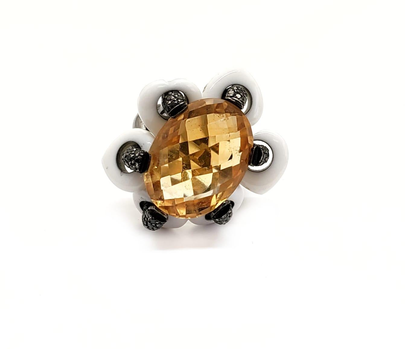 Andreoli White Agate Black Diamond Citrine Flower Moving Petals Ring 18KT Gold Cocktail. This Ring Features, 0.90 carats of full round cut black Diamonds. The center stone is a 18.18 carat Citrine checker diamond briolette cut pattern with white