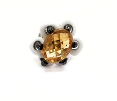 Andreoli White Agate Black Diamond Citrine Flower Moving Petals Ring 18KT Gold