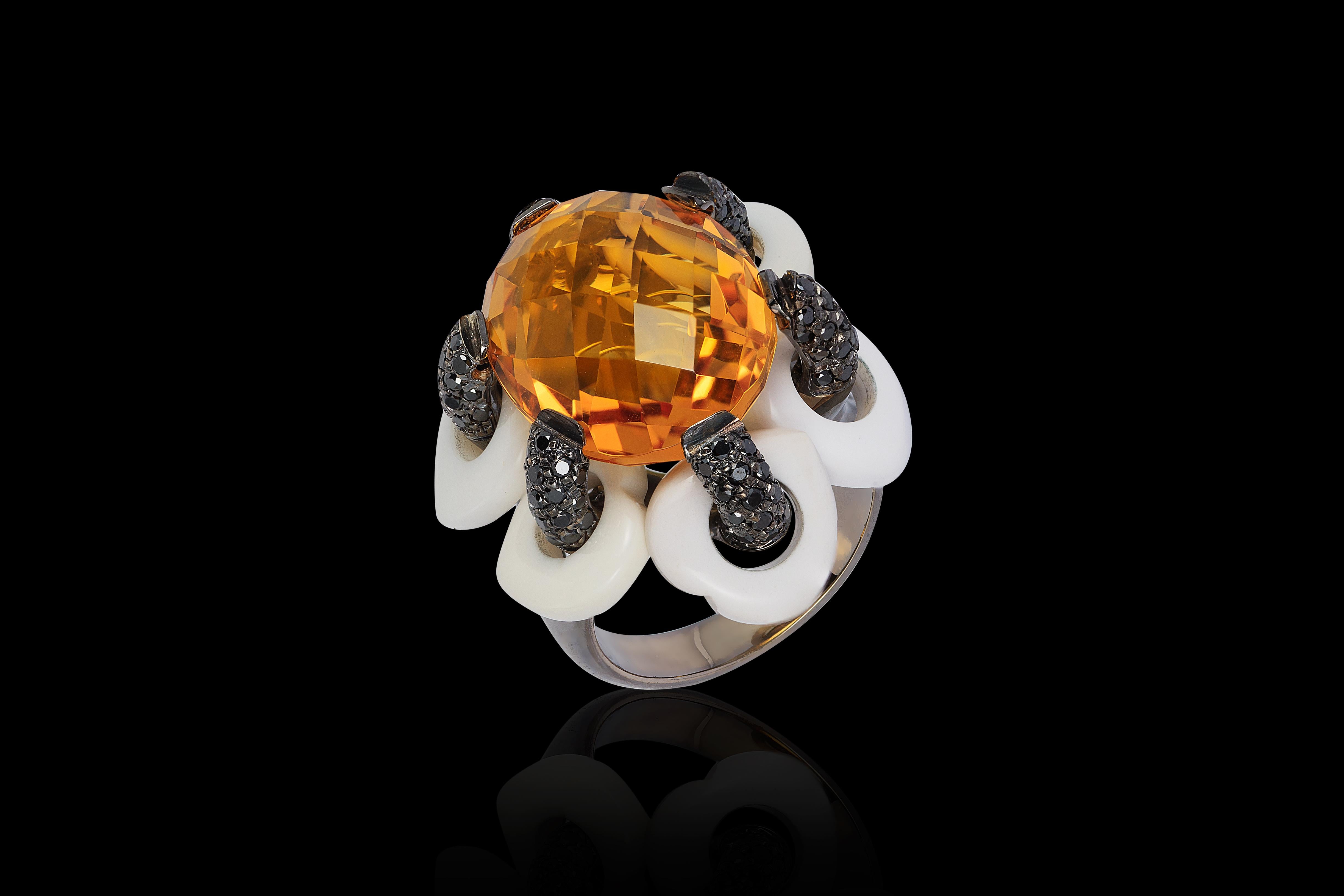 Contemporary Andreoli White Agate Black Diamond Citrine Flower Moving Petals Ring 18KT Gold For Sale