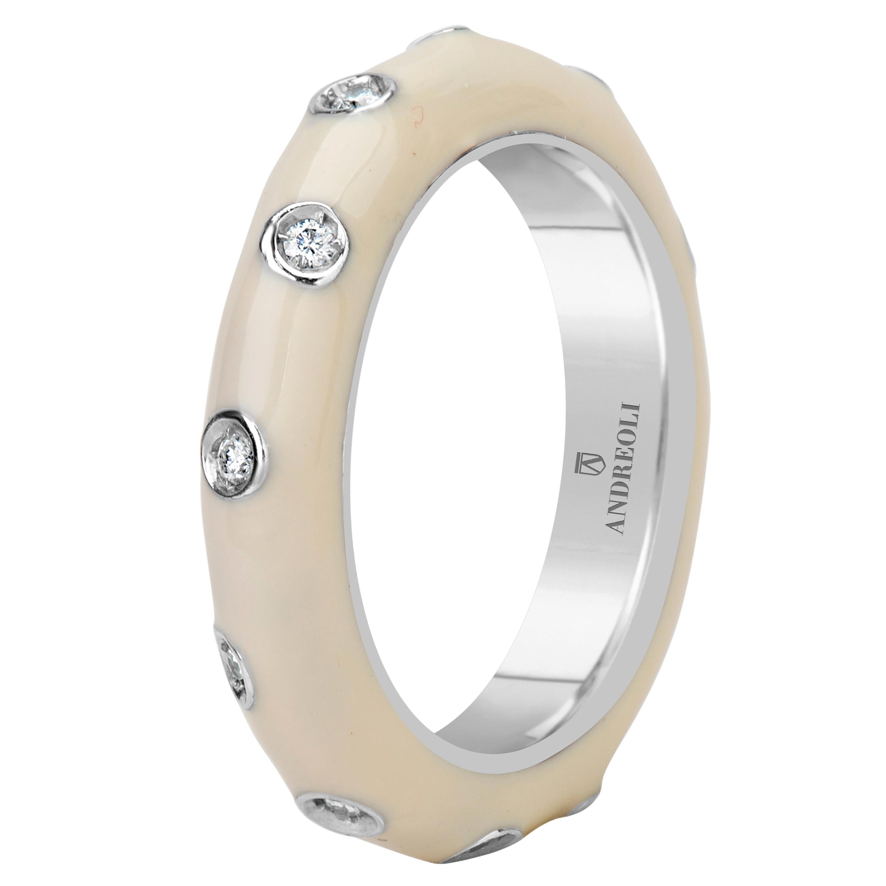 Andreoli White Enamel Diamond Band Ring 18 Karat White Gold