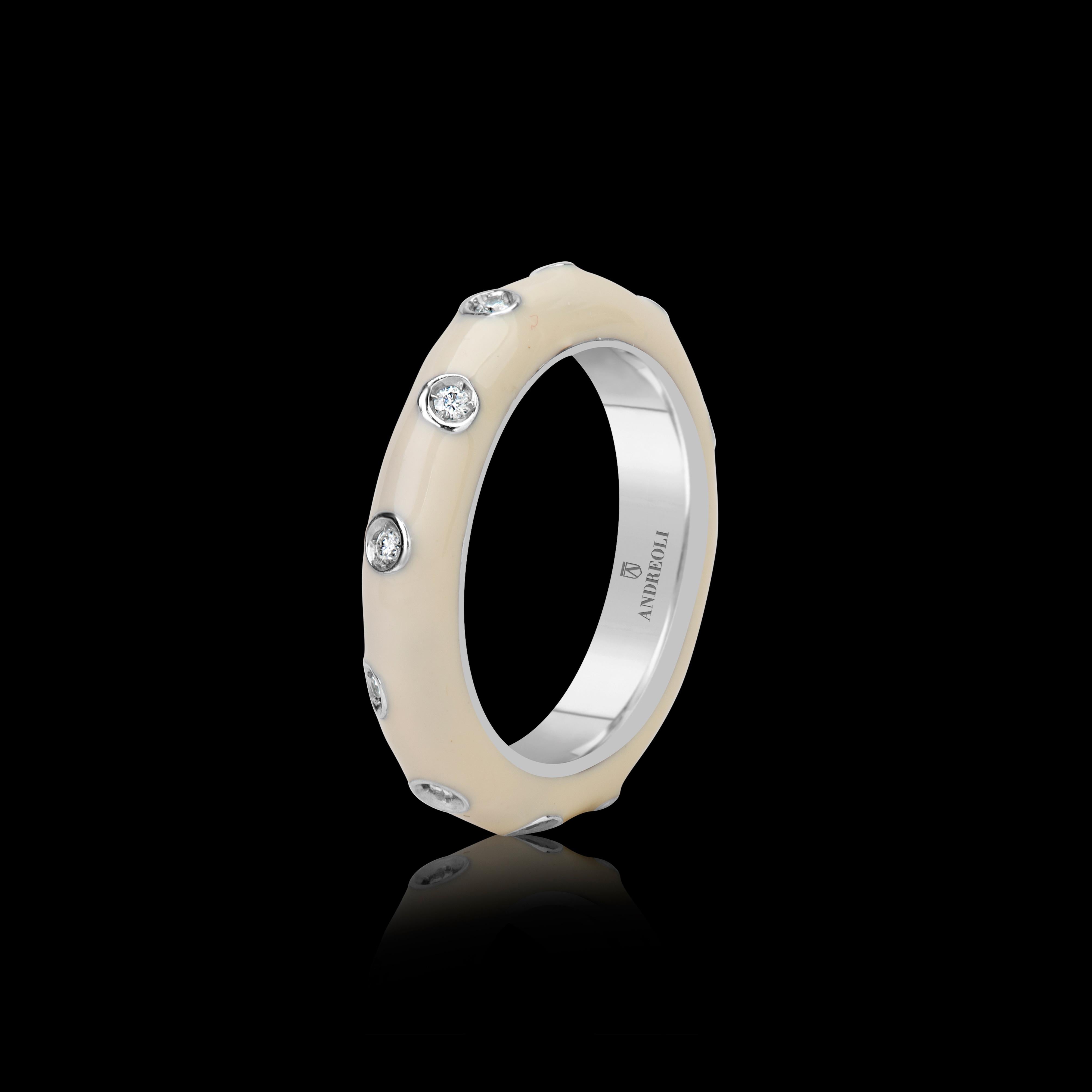 Andreoli White Enamel Diamond Band Ring 18 Karat White Gold In New Condition For Sale In New York, NY