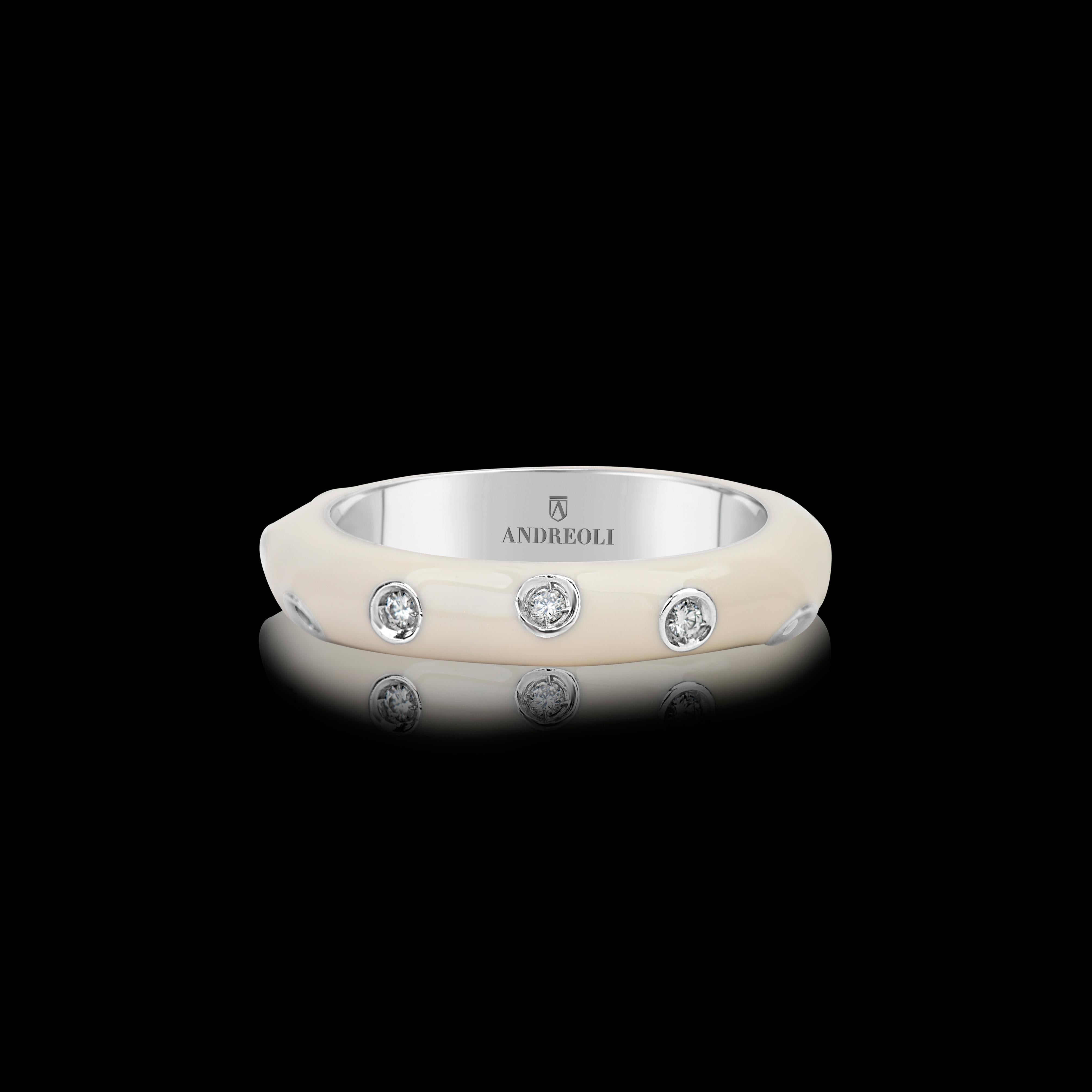 Women's or Men's Andreoli White Enamel Diamond Band Ring 18 Karat White Gold For Sale
