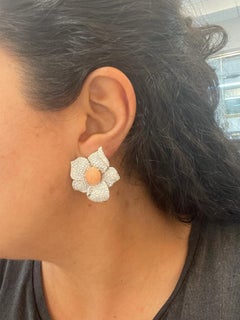 Andreoli White Gold, Diamond and Natural Coral Flower Earrings