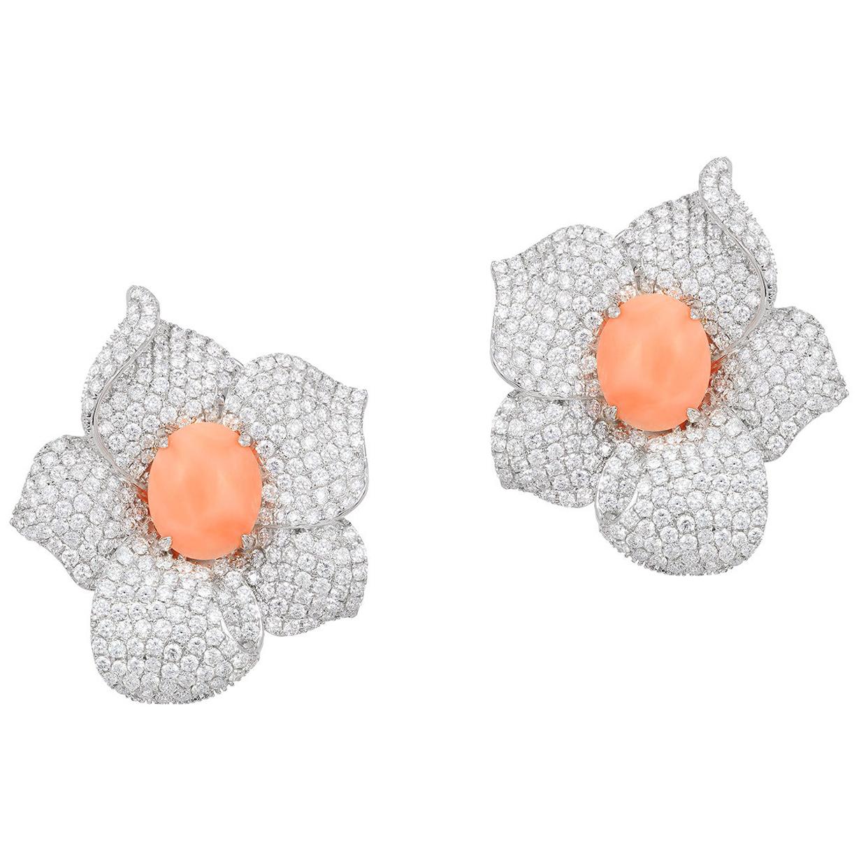 Andreoli White Gold, Diamond and Natural Coral Flower Earrings